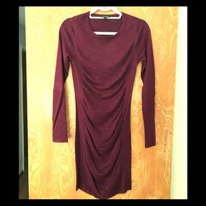 Express Ruched Long Sleeve Burgundy Bodycon Dress